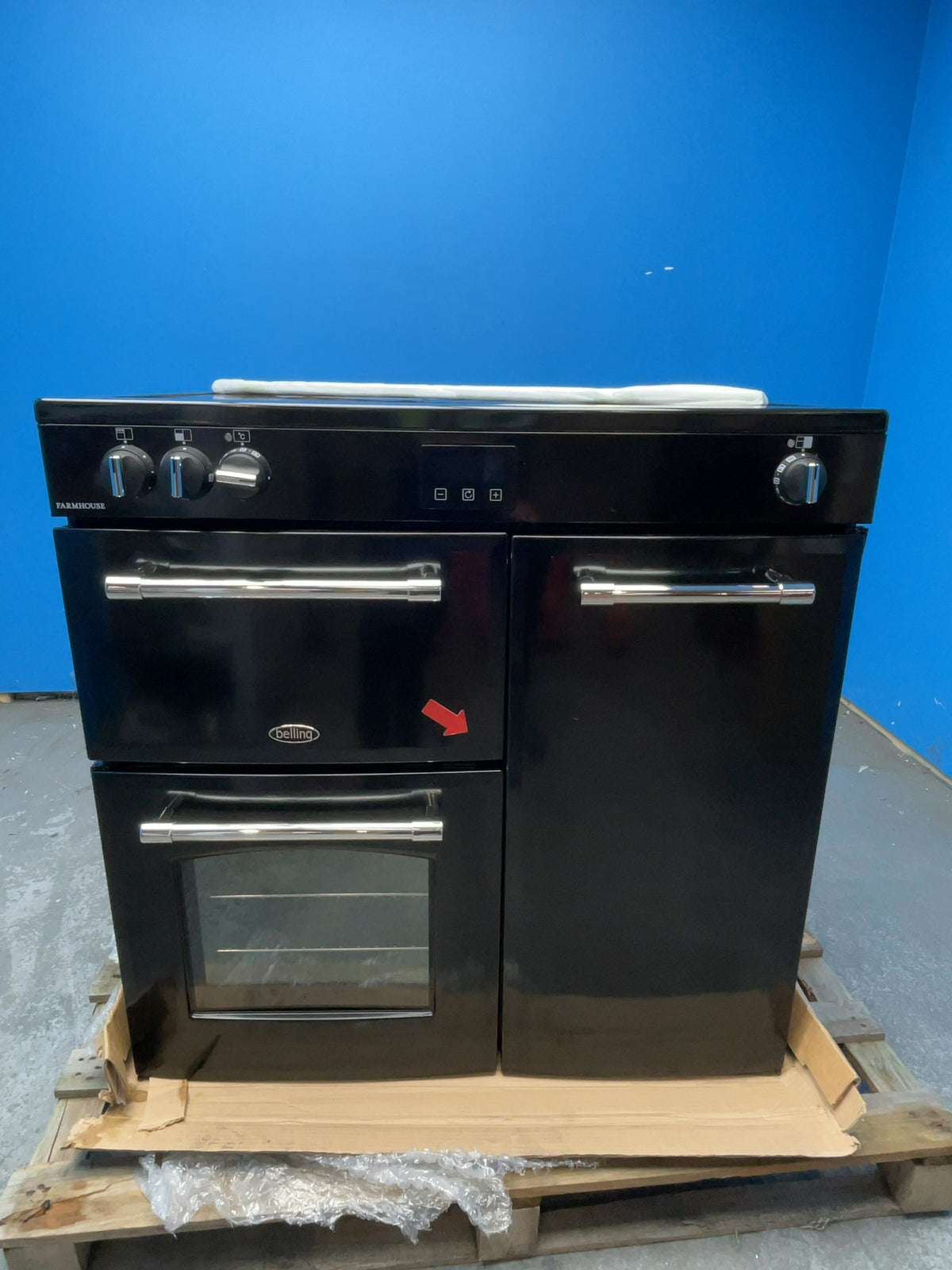 #GRC-168-570 - Belling Farmhouse 90cm Electric Induction Range Cooker – 174L Capacity, 5 Zone Hob, AirFry, Black