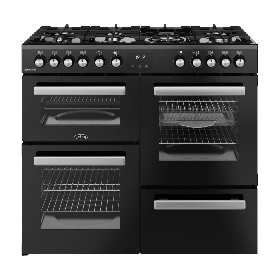 Belling Cookcentre 100DF 100cm Dual Fuel Range Cooker – 7 Burner Gas Hob, AirFry & Double Oven, Black – Renew 2 U