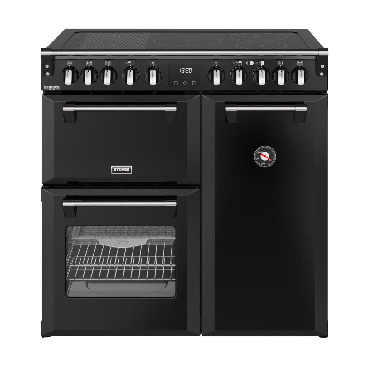 Stoves Richmond Deluxe 90cm Electric Induction Range Cooker – Quad Oven, AirFry, Bridgeable Hob, Black – Renew 2 U