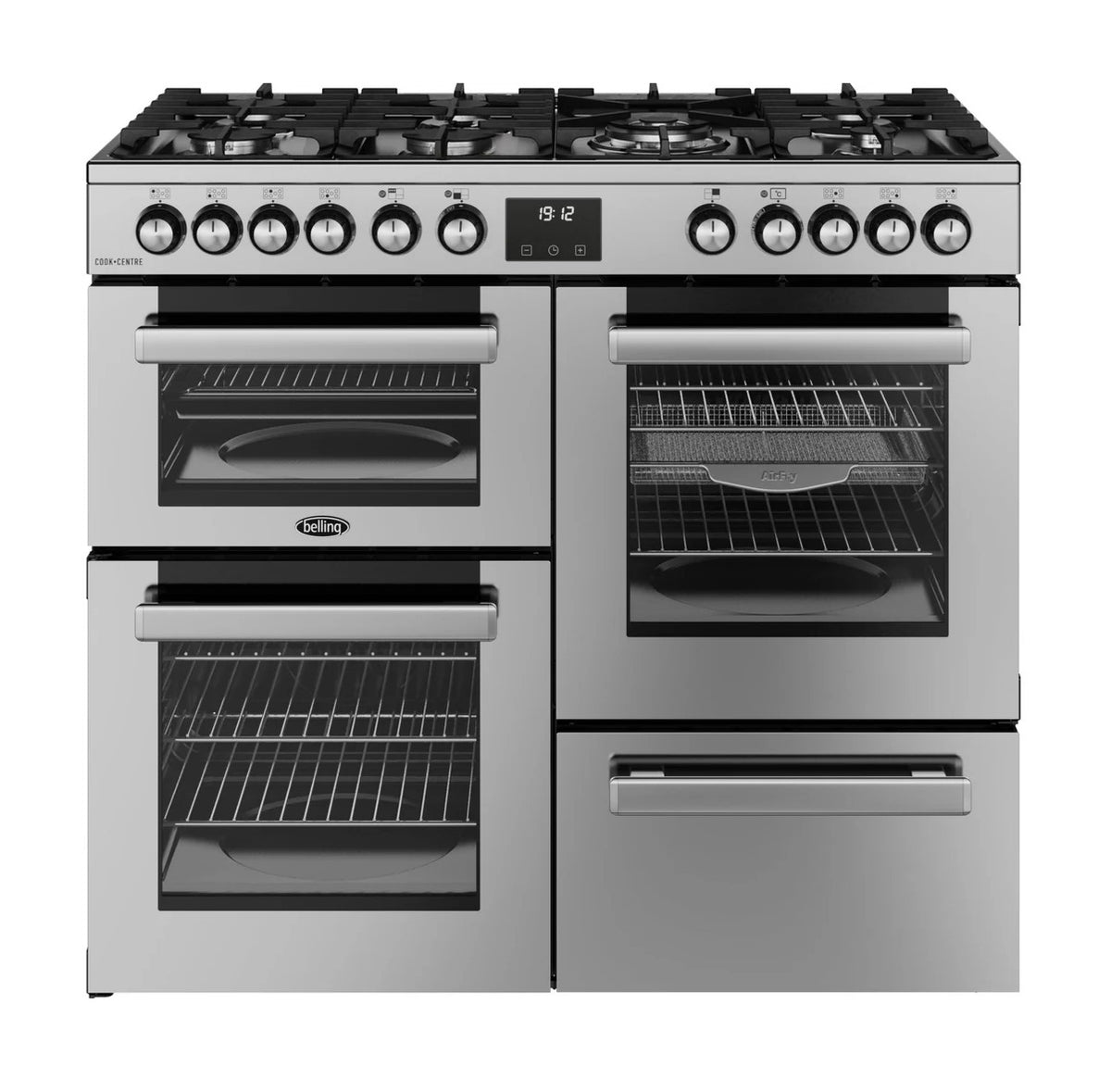 Belling Cookcentre 100DF 100cm Dual Fuel Range Cooker – 7 Burner Gas Hob, AirFry & Double Oven, Stainless – Renew 2 U