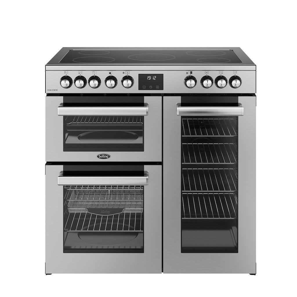 Belling Cookcentre 90E 90cm Electric Range Cooker – 174L Capacity, 5 Zone Ceramic Hob, AirFry Function, Stainless Steel – Renew 2 U
