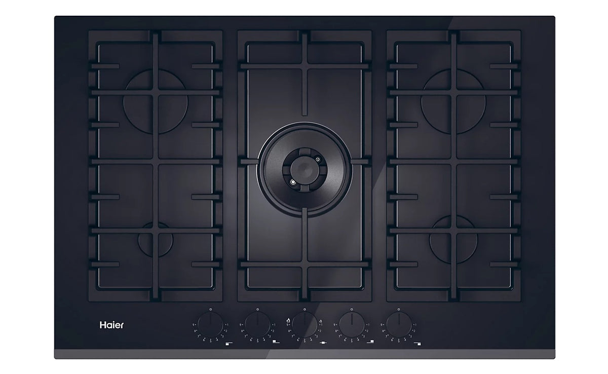 Haier Series 4 75cm 5 Zone Gas on Glass Hob – Preci Flame, 5kW Wok Burner, Black – Renew 2 U