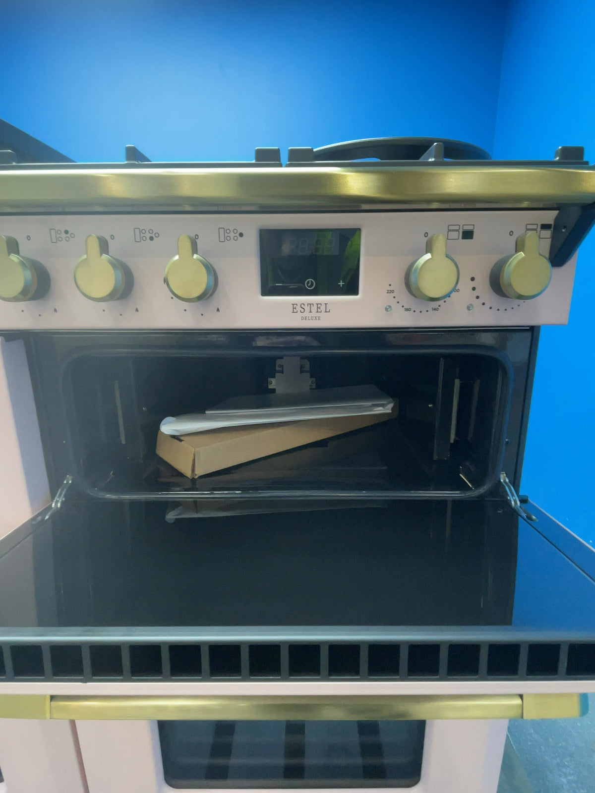 #GRC-166-777 - Rangemaster Estel Deluxe 110cm Range Cooker – Dual Fuel, 5 Burner Gas Hob, Pale Pink & Brass