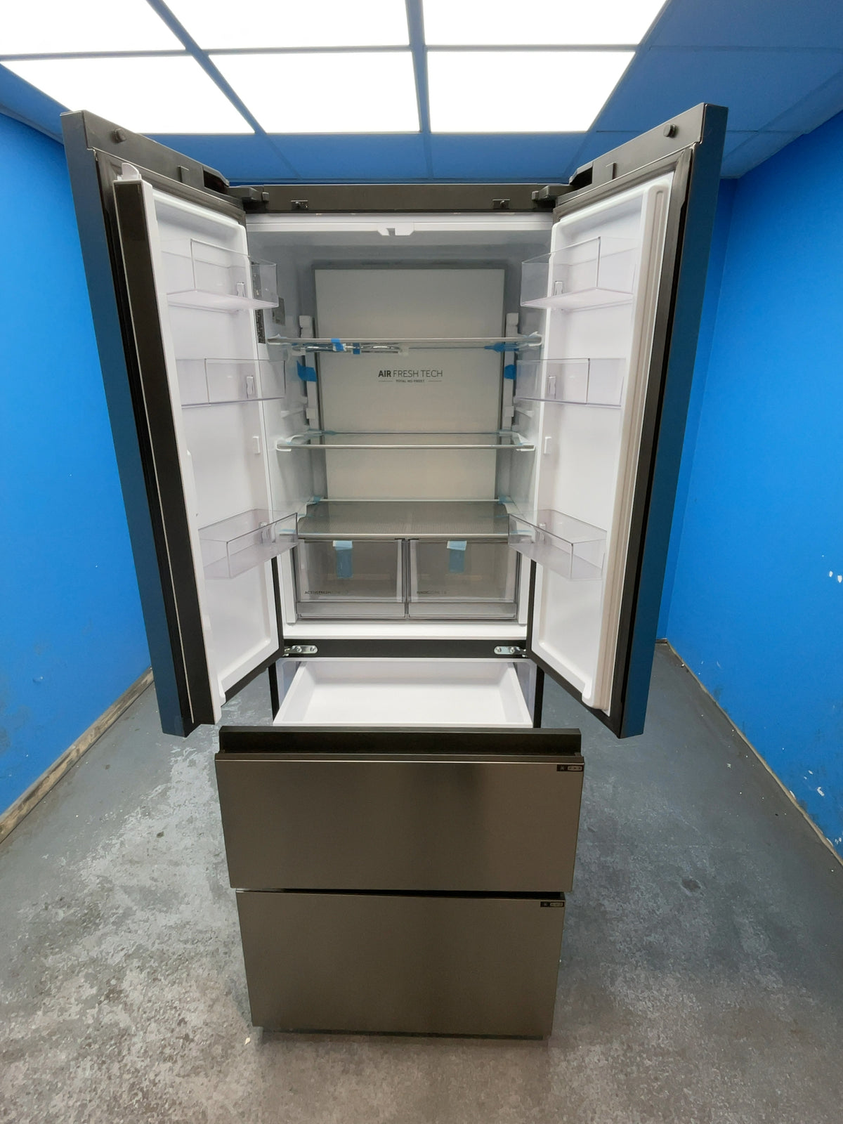 #GRC-166-945 - Haier Space-fit 70cm French Door Fridge Freezer – Total No Frost, Direct Access Freezer Drawers, Platinum Inox