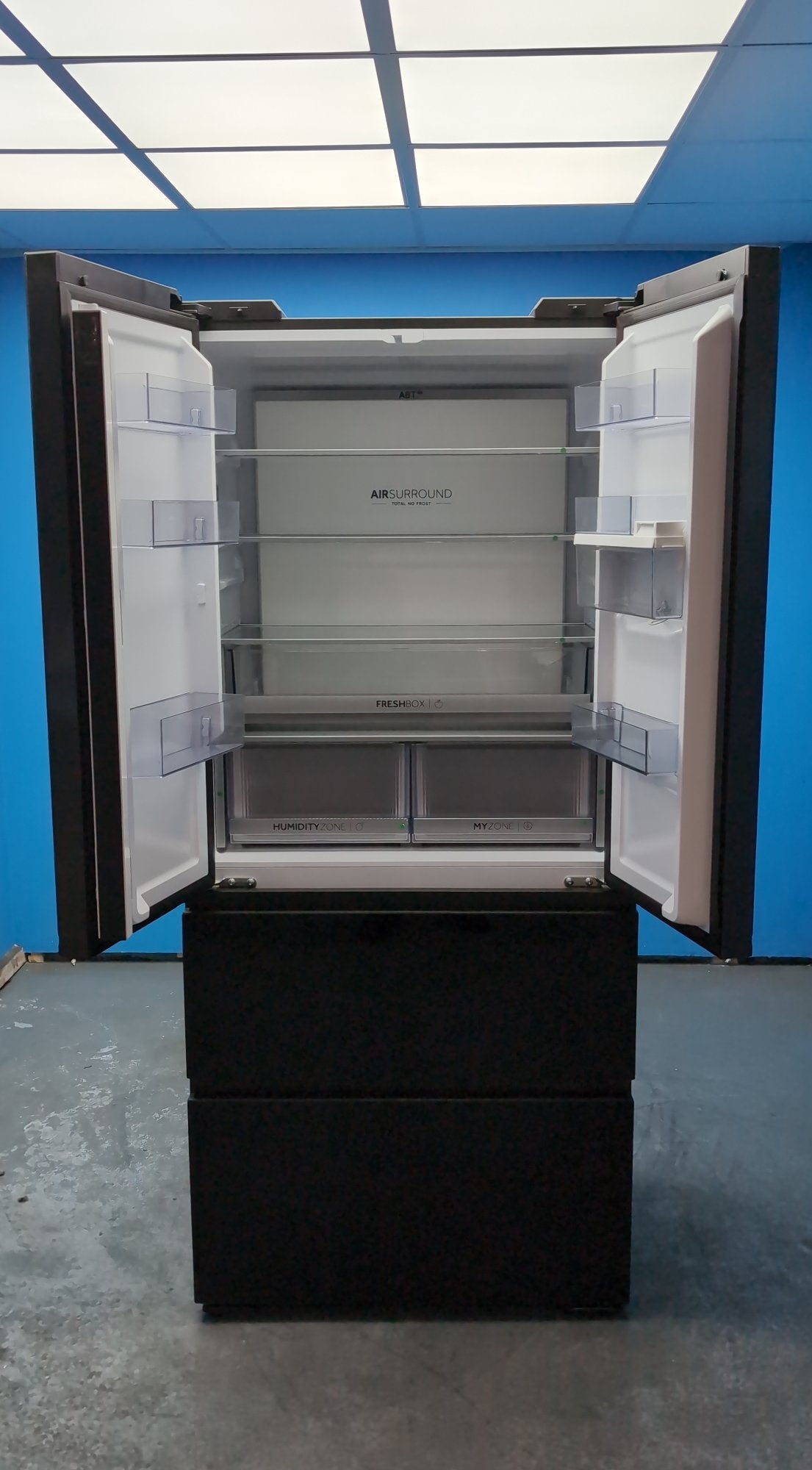 #GRC-163-424 - Haier French 4 Door Fridge Freezer – 468L, Obsidian Black Glass, Total No Frost